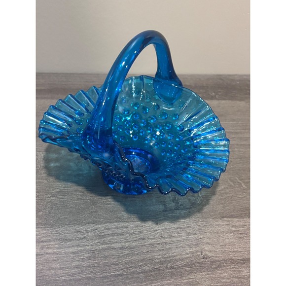 Fenton Other - Vintage Fenton Hobnail Blue Glass Basket Ruffled Edge Crimped Candy Dish 7 inch